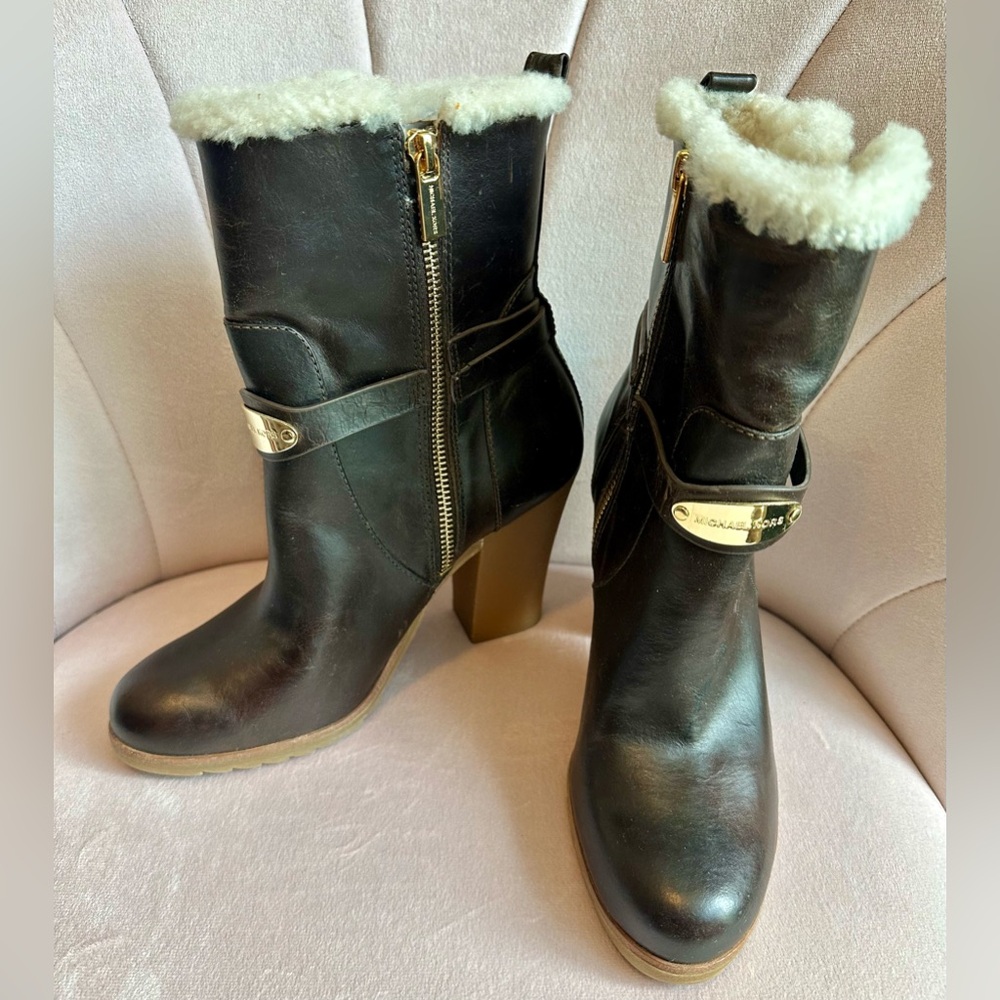 Michael Kors Dark Brown Leather Shearling-Cuff Heeled Boots - NWOT